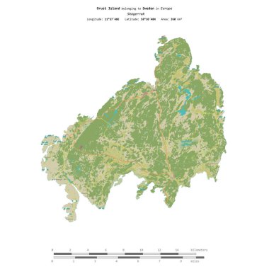 Orust Island in the Skagerrak, belonging to Sweden, isolated on a topographic, OSM Humanitarian style map, with distance scale clipart