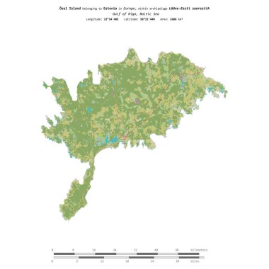 Estonya 'ya ait Baltık Denizi' ndeki Osel Adası, uzaklık ölçeğine sahip bir topoğrafik OSM İnsani Yardım Stili haritasında izole edilmiştir.
