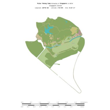 Singapur Boğazı 'ndaki Pulau Tekong Kampı, uzaklık ölçeğinde, OSM İnsani Yardım Stili haritasında izole edilmiştir.