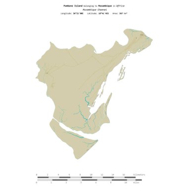 Mozambik Kanalı 'ndaki Pambane Adası, uzaklık ölçeğinde, bir topoğrafi, OSM İnsani Yardım Stili haritasında izole edilmiştir.