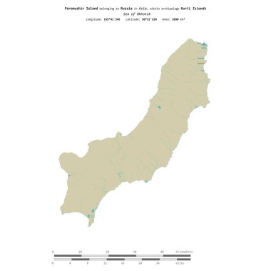 Rusya 'ya ait Okhotsk Denizi' ndeki Paramushir Adası, uzaklık ölçeğine sahip OSM İnsani Yardım Stili haritası üzerinde izole edilmiştir.