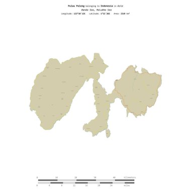 Pulau Peleng in the Banda Sea, belonging to Indonesia, isolated on a topographic, OSM Humanitarian style map, with distance scale clipart