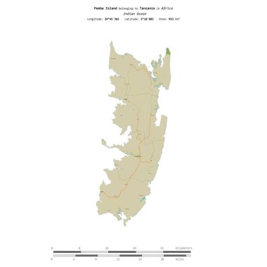 Hint Okyanusu 'ndaki Pemba Adası, Tanzanya' ya ait, bir topoğrafik, OSM İnsani-stil haritasında izole edilmiş, uzaklık ölçeğinde