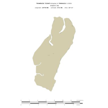 Endonezya 'ya ait Arafura Denizi' ndeki Penambulai Adası, uzaklık ölçeğinde OSM İnsani Yardım Stili haritasında izole edilmiştir.