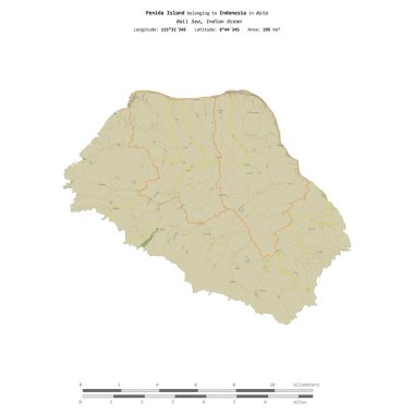 Endonezya 'ya ait Bali Denizi' ndeki Penida Adası, bir topoğrafi, OSM İnsani-stil haritasında izole edilmiş, uzaklık ölçeğinde
