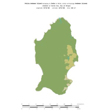 Bengal Körfezi 'ndeki Petite Andaman Adası, Hindistan' a ait, bir topoğrafik, OSM İnsani-stil haritasında izole edilmiş, uzaklık ölçeğinde