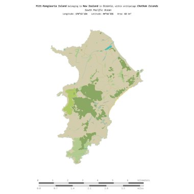 Güney Pasifik Okyanusu 'ndaki Pitt-Rangiauria Adası, Yeni Zelanda' ya ait, bir topoğrafik üzerinde izole edilmiş, OSM İnsani yardım tarzı haritası, uzaklık ölçeğinde