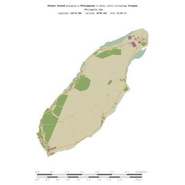 Filipinler 'deki Ponson Adası, uzaklık ölçeğinde bir topoğrafi, OSM İnsani-stil haritasında izole edilmiştir.