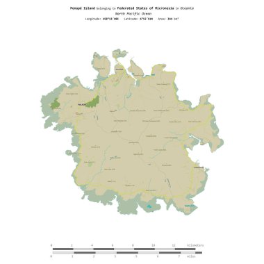 Mikronezya Federasyonu 'na ait Kuzey Pasifik Okyanusu' ndaki Ponape Adası, uzaklık ölçeğinde OSM İnsani Yardım Haritası üzerinde izole edilmiştir.