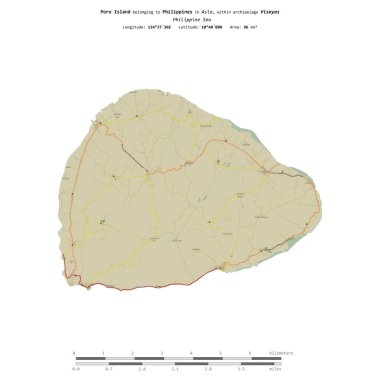 Filipin Denizi 'ndeki Poro Adası, uzaklık ölçeğinde, bir topoğrafi, OSM İnsani-stil haritasında izole edilmiştir.