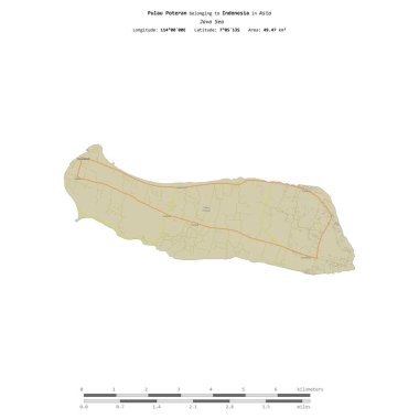 Endonezya 'ya ait Java Denizi' nde bulunan Pulau Poteran, uzaklık ölçeğinde OSM İnsani Yardım Haritası üzerinde izole edilmiştir.
