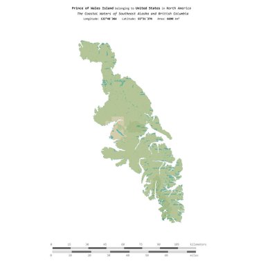 Amerika Birleşik Devletleri 'ne ait olan Güneydoğu Alaska ve Britanya Kolumbiyası' nın Sahil Suları 'ndaki Galler Prensi Adası OSM İnsani Yardım Stili haritasında, uzaklık ölçeğinde izole edilmiştir.
