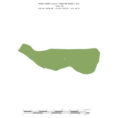 Papua Yeni Gine 'ye ait Mercan Denizi' ndeki Purutu Adası, uzaklık ölçeğinde OSM İnsani Yardım Stili haritasında izole edilmiştir.