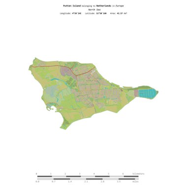 Hollanda 'ya ait Kuzey Denizi' ndeki Putten Adası, uzaklık ölçeğine sahip bir topoğrafik OSM İnsani Yardım Stili haritasında izole edilmiştir.