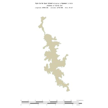 Andaman ya da Burma Denizi 'ndeki Pyin Sa Bu Kyun Adası, Myanmar' a ait, uzaklık ölçeğinde OSM İnsani Yardım Stili haritasında izole edilmiş.