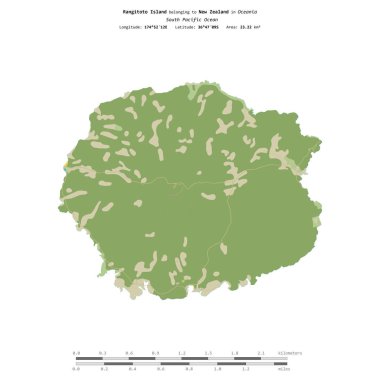 Güney Pasifik Okyanusu 'ndaki Rangitoto Adası, Yeni Zelanda' ya ait, bir topoğrafik üzerinde izole edilmiş, OSM İnsani-stil haritası, uzaklık ölçeğinde