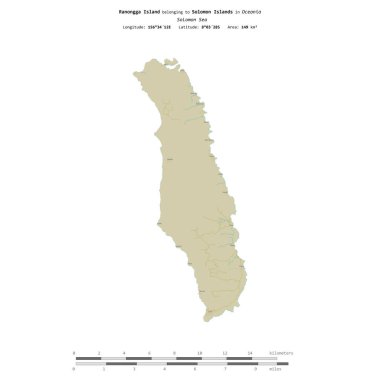 Solomon Adaları 'na ait olan Solomon Denizi' ndeki Ranongga Adası, bir topoğrafik, OSM İnsani-stil haritasında izole edilmiş, uzaklık ölçeğinde