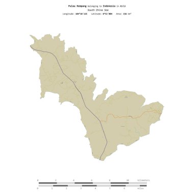 Güney Çin Denizi 'ndeki Pulau Rempang, Endonezya' ya ait, bir topoğrafya üzerinde izole edilmiş, OSM İnsani yardım tarzı haritası, mesafe ölçeğinde