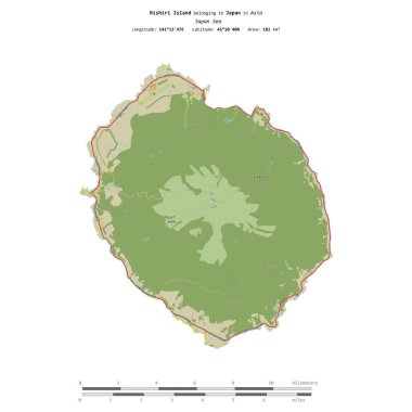 Japon Denizi 'ndeki Rishiri Adası, uzaklık ölçeğinde bir topoğrafik, OSM İnsani Yardım Stili haritasında izole edilmiştir.
