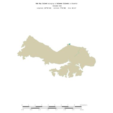 Solomon Adaları 'na ait Solomon Denizi' ndeki Rob Roy Adası, uzaklık ölçeğinde OSM İnsani Yardım Stili haritasında izole edilmiş.