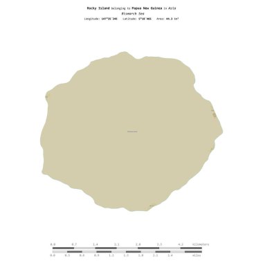 Bismarck Denizi 'nde bulunan ve Papua Yeni Gine' ye ait olan Rocky Adası, uzaklık ölçeğinde OSM İnsani Yardım Haritası üzerinde izole edilmiştir.