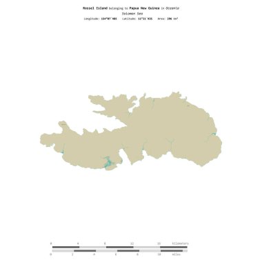 Solomon Denizi 'ndeki Rossel Adası, Papua Yeni Gine' ye ait, bir topoğrafi haritada izole edilmiş, OSM İnsani stilde, uzaklık ölçeğinde