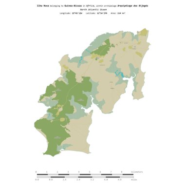 Ilha Roxa in the North Atlantic Ocean, belonging to Guinea-Bissau, isolated on a topographic, OSM Humanitarian style map, with distance scale clipart