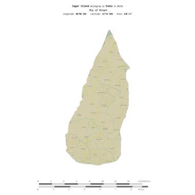 Bengal Körfezi 'ndeki Sagar Adası, Hindistan' a ait, bir topoğrafik, OSM İnsani-stil haritasında izole edilmiş, uzaklık ölçeğinde