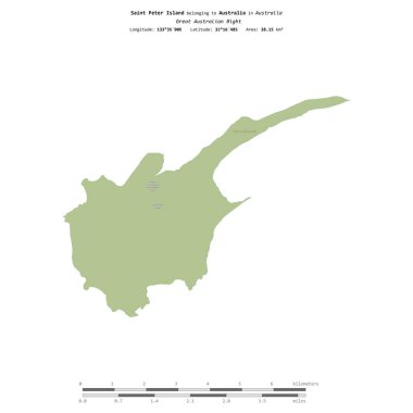 Avustralya 'ya ait Büyük Avustralya Körfezi' ndeki Aziz Peter Adası, uzaklık ölçeğine sahip bir topoğrafik, OSM İnsani-stil haritasında izole edilmiştir.