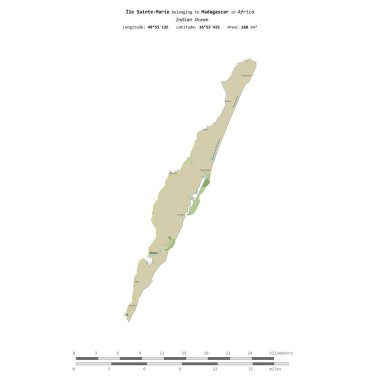 Madagaskar 'a ait Hint Okyanusu' ndaki Ile Sainte-Marie, bir topoğrafya üzerinde izole edilmiş, OSM İnsani yardım tarzı haritası, mesafe ölçeğinde.