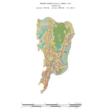 Hindistan 'a ait Arap Denizi' ndeki Salsette Adası, uzaklık ölçeğine sahip bir topoğrafik OSM İnsani Yardım Stili haritasında izole edilmiştir.