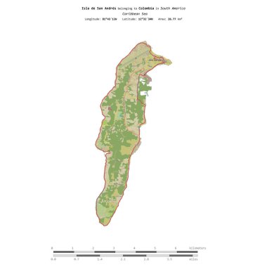 Kolombiya 'ya ait Karayip Denizi' ndeki San Andres Adası, uzaklık ölçeğinde, OSM İnsani Yardım Stili haritasında izole edilmiştir.