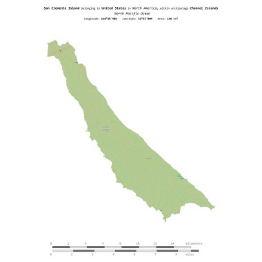 Amerika Birleşik Devletleri 'ne ait olan Kuzey Pasifik Okyanusu' ndaki San Clemente Adası, bir topoğrafi, OSM İnsani Yardım Stili haritasında, uzaklık ölçeğinde izole edilmiştir.