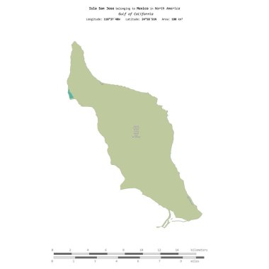 California Körfezi 'ndeki San Jose Adası, Meksika' ya ait, bir topoğrafik, OSM İnsani-stil haritasında izole edilmiş, uzaklık ölçeğinde
