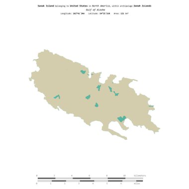 Alaska Körfezi 'ndeki Sanak Adası, Amerika Birleşik Devletleri' ne ait, bir topoğrafi, OSM İnsani Stil haritasında izole edilmiş, uzaklık ölçeğinde