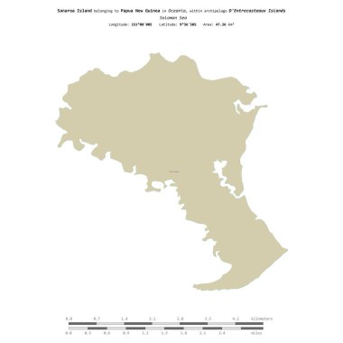 Solomon Denizi 'ndeki Sanaroa Adası, Papua Yeni Gine' ye ait, uzaklık ölçeğinde OSM İnsani Yardım Stili haritasında izole edilmiş.