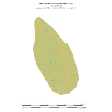 Bengal Körfezi 'ndeki Sandwip Adası, Bangladeş' e ait, bir topoğrafya üzerinde izole edilmiş, OSM İnsani yardım tarzı haritası, mesafe ölçeğinde.