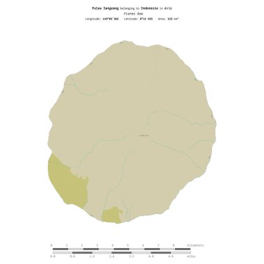 Flores Denizi 'ndeki Pulau Sangeang, Endonezya' ya ait, bir topoğrafya üzerinde izole edilmiş, OSM İnsani yardım tarzı haritası, mesafe ölçeğinde.