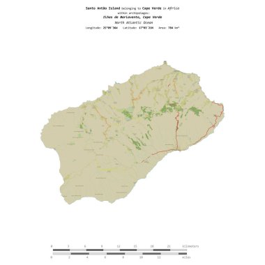 Kuzey Atlantik Okyanusu 'ndaki Santo Antao Adası, Cape Verde' ye ait, uzaklık ölçeğinde OSM İnsani Yardım Stili haritasında izole edilmiştir.