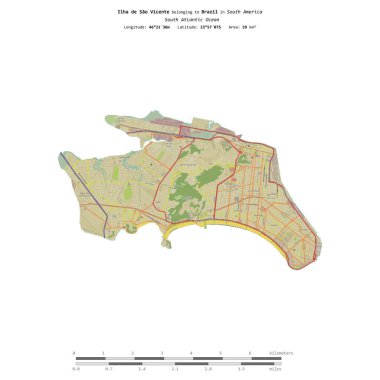 Ilha de Sao Vicente in the South Atlantic Ocean, belonging to Brazil, isolated on a topographic, OSM Humanitarian style map, with distance scale clipart