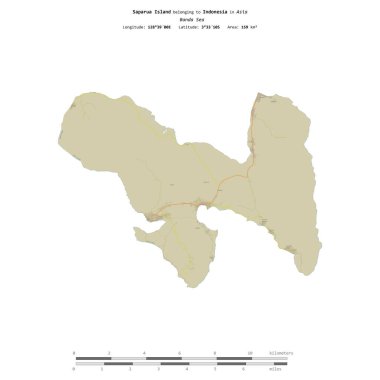 Saparua Island in the Banda Sea, belonging to Indonesia, isolated on a topographic, OSM Humanitarian style map, with distance scale clipart