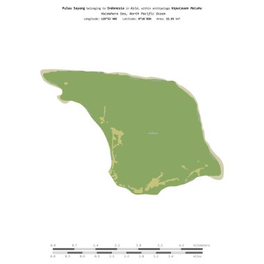 Halmahera Denizi 'ndeki Pulau Sayang, Endonezya' ya ait, bir topoğrafik üzerinde izole edilmiş, OSM İnsani-stil haritası, uzaklık ölçeğinde