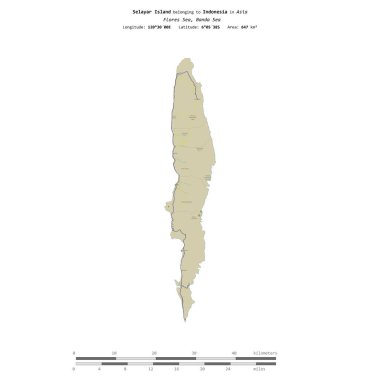 Endonezya 'ya ait Banda Denizi' ndeki Selayar Adası, bir topoğrafik üzerinde izole edilmiş, OSM İnsani-stil haritası, uzaklık ölçeğinde