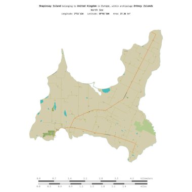 Kuzey Denizi 'nde bulunan ve Birleşik Krallık' a ait olan Shapinsay Adası, uzaklık ölçeğine sahip bir topoğrafik OSM İnsani Stil Haritası üzerinde izole edilmiştir.