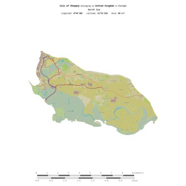 Kuzey Denizi 'ndeki Sheppey adası, Birleşik Krallık' a ait, bir topoğrafik, OSM İnsani-stil haritasında izole edilmiş, uzaklık ölçeğinde