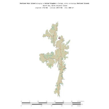 Kuzey Denizi 'nde bulunan ve Birleşik Krallık' a ait olan Shetland Ana Adası, bir topoğrafik, OSM İnsani Yardım Stili haritasında, uzaklık ölçeğinde izole edilmiştir.