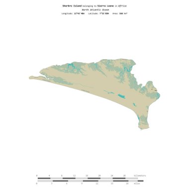 Sherbro Island in the North Atlantic Ocean, belonging to Sierra Leone, isolated on a topographic, OSM Humanitarian style map, with distance scale clipart