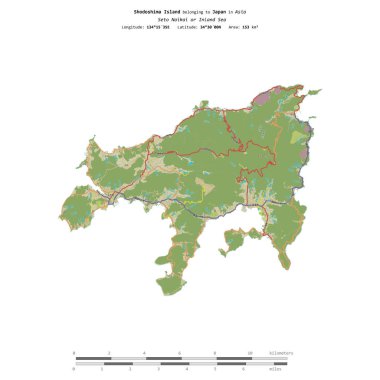 Shodoshima Island in the Seto Naikai or Inland Sea, belonging to Japan, isolated on a topographic, OSM Humanitarian style map, with distance scale clipart