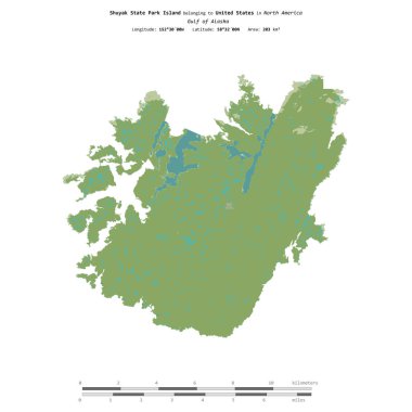 Alaska Körfezi 'ndeki Shuyak State Park Adası, Amerika Birleşik Devletleri' ne ait, bir topoğrafya üzerinde izole edilmiş, OSM İnsani yardım tarzı haritası,