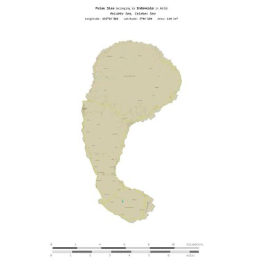 Molukka Denizi 'nde bulunan ve Endonezya' ya ait olan Pulau Siau, uzaklık ölçeğinde OSM İnsani Yardım Stili haritasında bir topoğrafik olarak izole edilmiştir.
